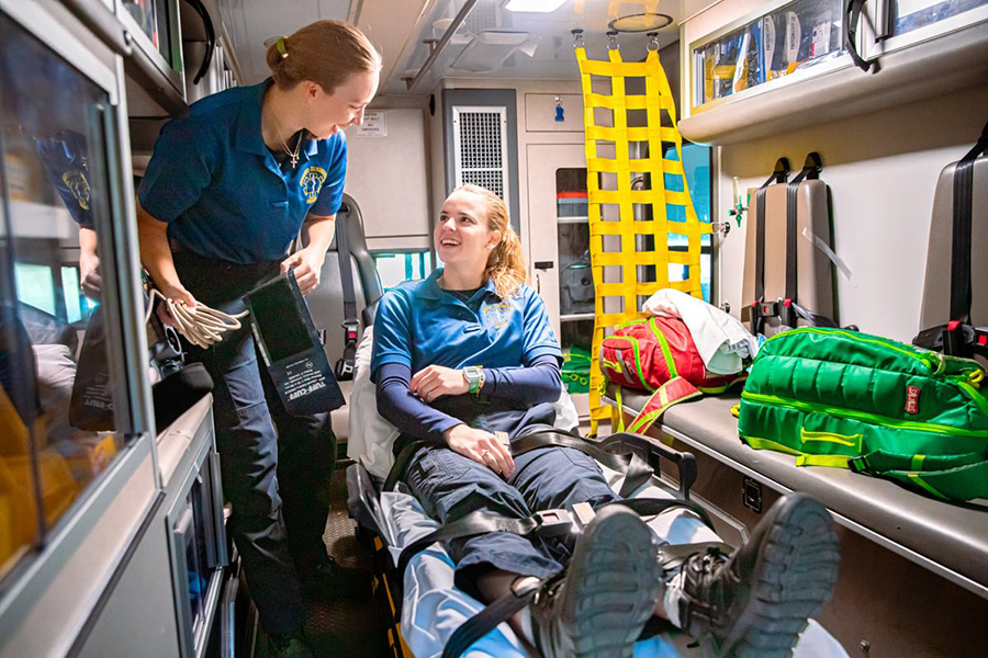 Anne Harrower &rsquo;25 and Mackenzie Szlosek &rsquo;25 demonstrating the operations of medical response