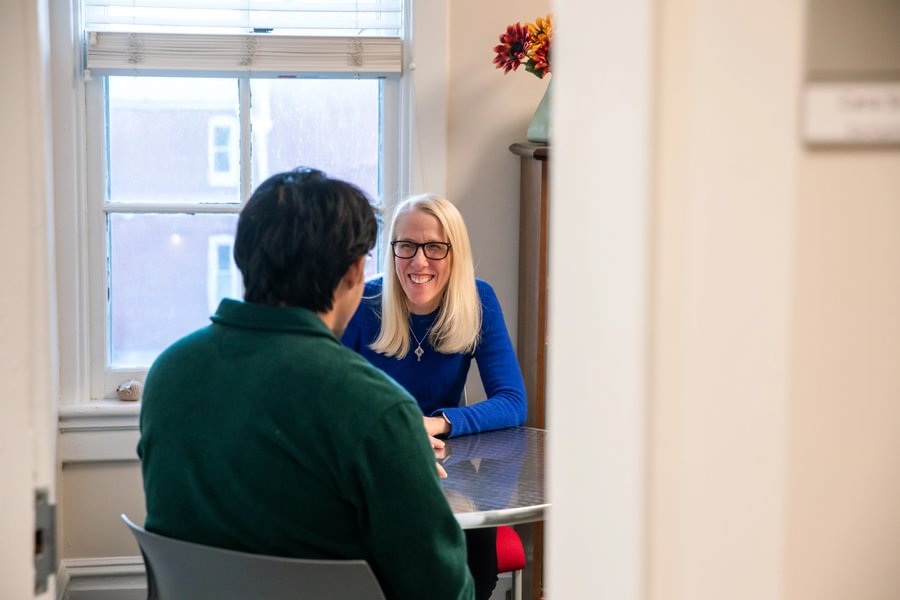 Cara Smith meets with Sanij Shrestha ’27 before co-hosting a J-Term career prep session.