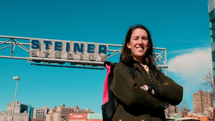 Laura Habecker ’13 stands outside Steiner Studios in Brooklyn.