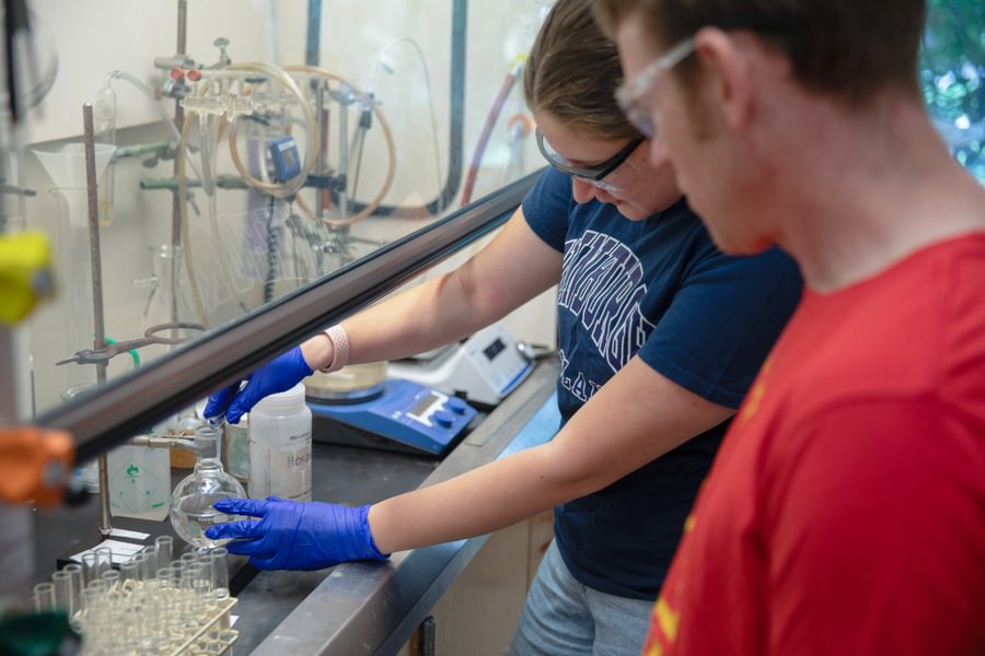 Molly Rossnock ’27 and Prof. Timothy Funk research triazine lipids in the Gettysburg lab.